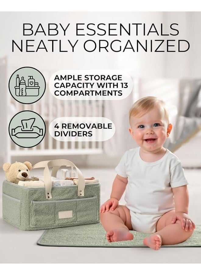 Toodly Baby Diaper Caddy Organizer with Portable Changing Mat - Teddy Fleece Diaper Organizer for Changing Table - Basket for Changing Essentials - Baby Essentials Organizer with Removable Dividers Green Diaper Caddy with Changing Pad  - Image 1