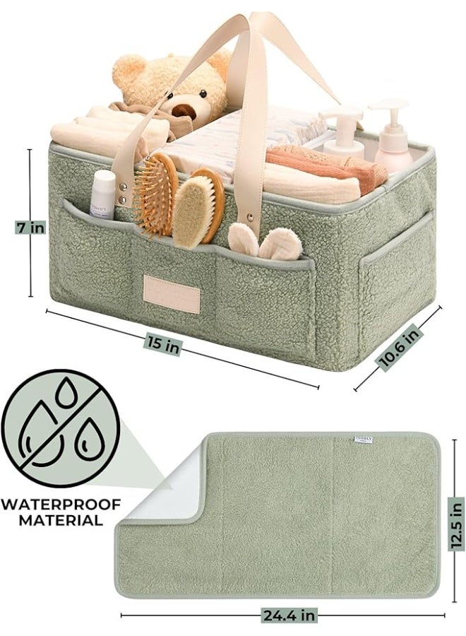 Toodly Baby Diaper Caddy Organizer with Portable Changing Mat - Teddy Fleece Diaper Organizer for Changing Table - Basket for Changing Essentials - Baby Essentials Organizer with Removable Dividers Green Diaper Caddy with Changing Pad  - Image 5