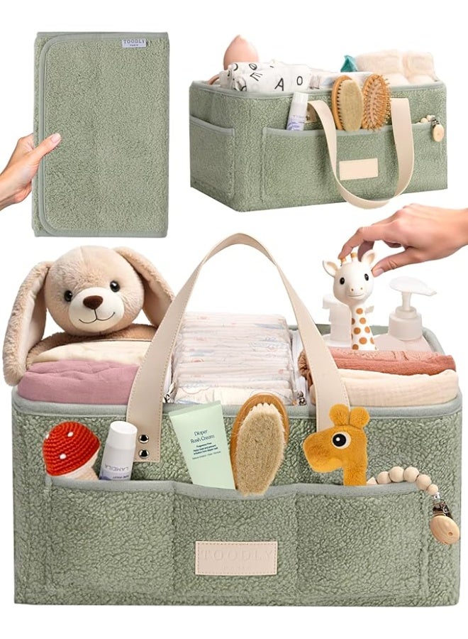 Toodly Baby Diaper Caddy Organizer with Portable Changing Mat - Teddy Fleece Diaper Organizer for Changing Table - Basket for Changing Essentials - Baby Essentials Organizer with Removable Dividers Green Diaper Caddy with Changing Pad  - Image 3