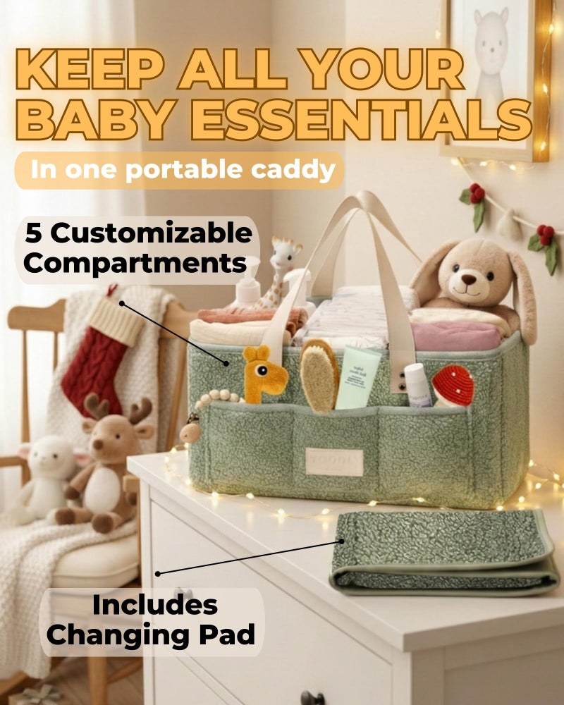 Toodly Baby Diaper Caddy Organizer with Portable Changing Mat - Teddy Fleece Diaper Organizer for Changing Table - Basket for Changing Essentials - Baby Essentials Organizer with Removable Dividers - Image 2