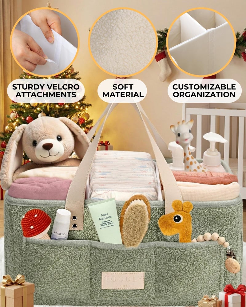 Toodly Baby Diaper Caddy Organizer with Portable Changing Mat - Teddy Fleece Diaper Organizer for Changing Table - Basket for Changing Essentials - Baby Essentials Organizer with Removable Dividers - Image 5