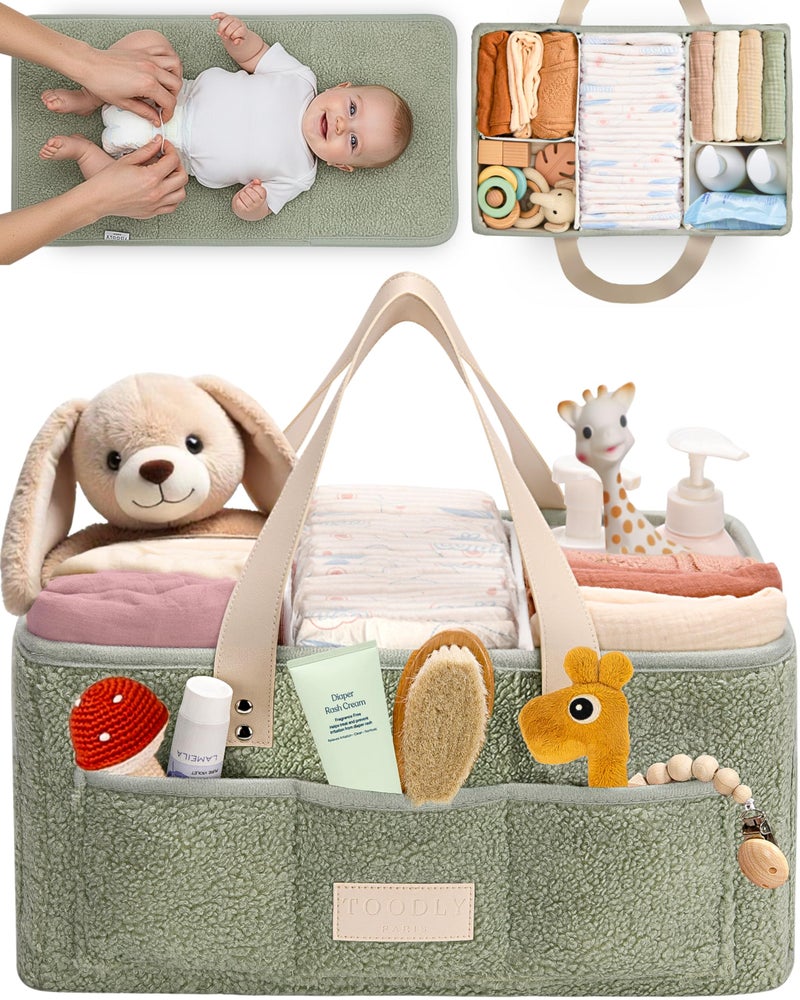 Toodly Baby Diaper Caddy Organizer with Portable Changing Mat - Teddy Fleece Diaper Organizer for Changing Table - Basket for Changing Essentials - Baby Essentials Organizer with Removable Dividers - Image 1