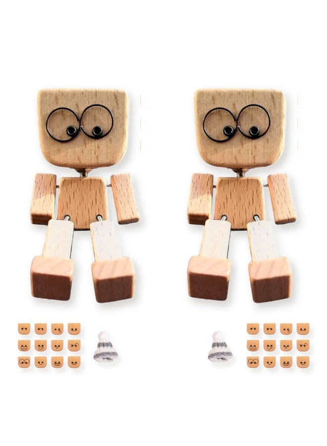 Mordely 2 Pack Shaking Wooden Man Figurines for Car Dashboard, Cute Spring Leg Bobble Doll Ornaments with Interchangeable Expression Accessories and Beanie Hats, Funny Wooden Desk Decor Gift - Image 1