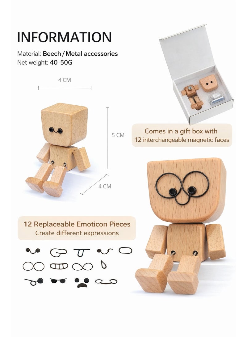 Mordely 2 Pack Shaking Wooden Man Figurines for Car Dashboard, Cute Spring Leg Bobble Doll Ornaments with Interchangeable Expression Accessories and Beanie Hats, Funny Wooden Desk Decor Gift - Image 4