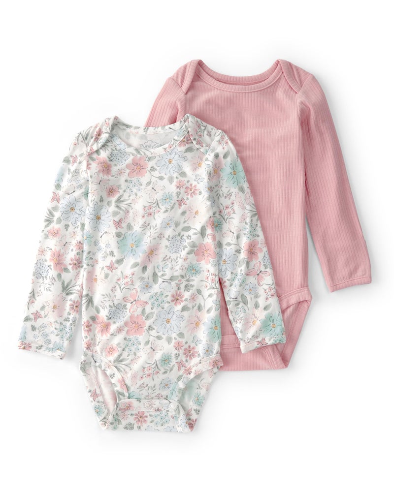 Carter's Girl PurelySoft 2-pack Long Sleeve Bodysuit, Garden Print, 3M - Image 1