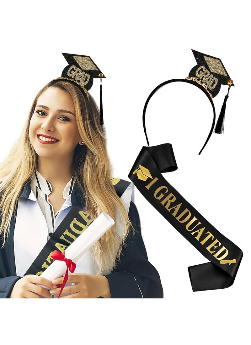 BASEMMAHER Graduation Headband and Shoulder Straps for Congrats Grad Party Supplies Bachelor Cap Headband with Doctoral Hat Black Sash Satin Tassels Tiaras for Graduation Party Dress up Favor Photo 