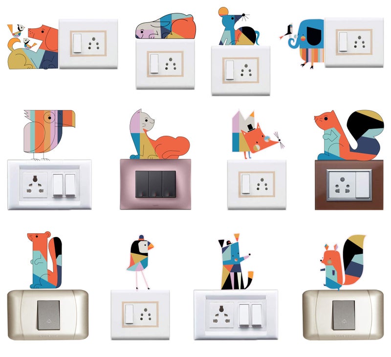 WallDesign Vinyl Geometric Color Animals Switchboard Sticker ( Multicolour , Set of 12 )-self adhesive - Image 1