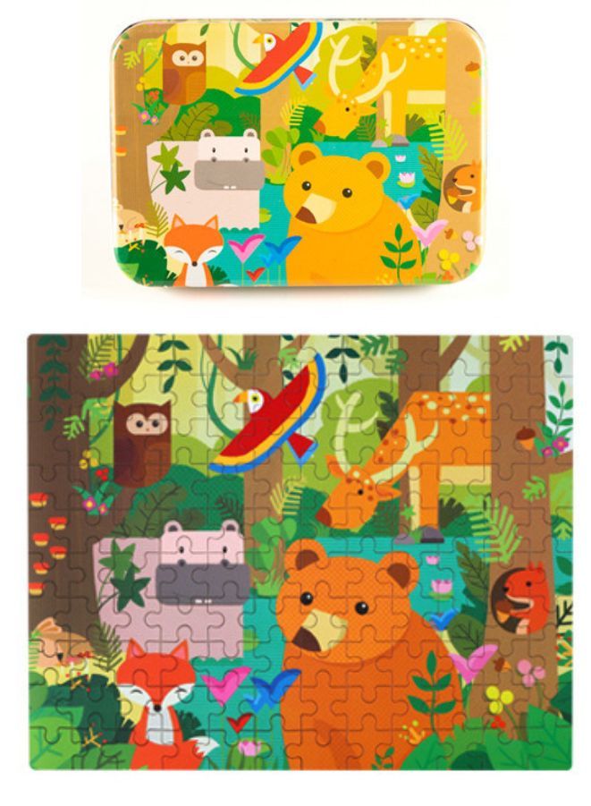 Wooden Jigsaw 120 Pieces Cartoon Animals Fairy Tales Puzzles Children Wood Early Learning Set Montessori Education Toy Kids Gift, Forest - Image 1