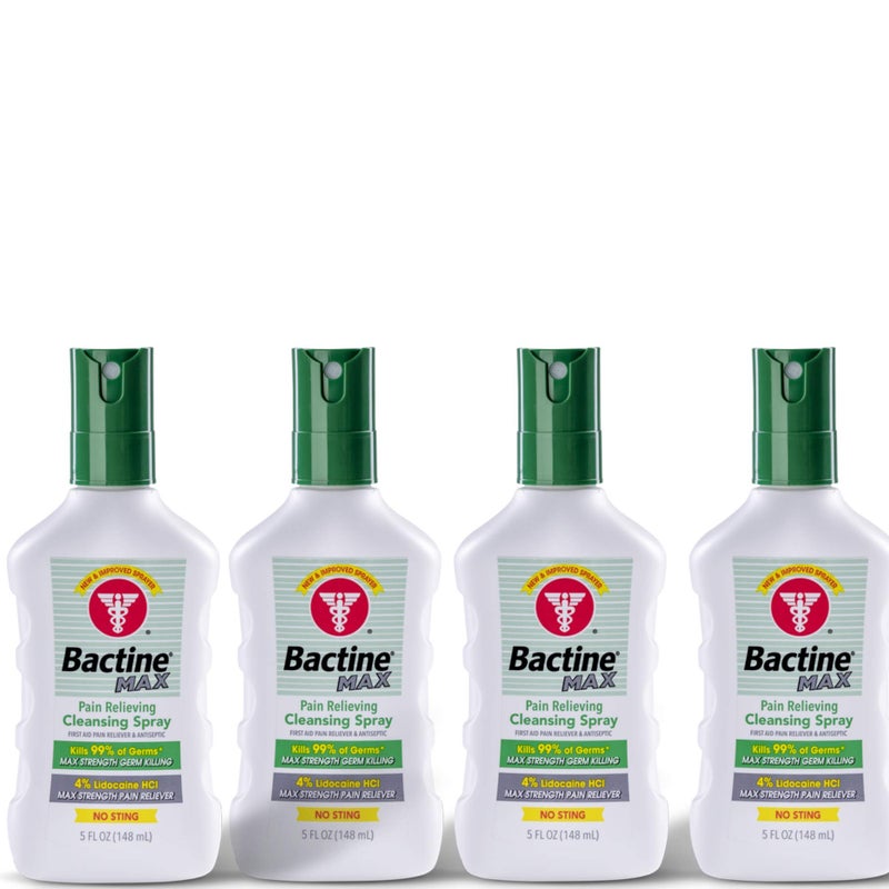 البكتين MAX First Aid Spray - Pain Relief Cleansing Spray with 4% Lidocaine - Numbing Lidocaine Kills 99% of Germs - Pain + Itch Relief for Minor Cuts  Scrapes, Burns  Bug Bites - 5oz, 4 Pack - Image 1