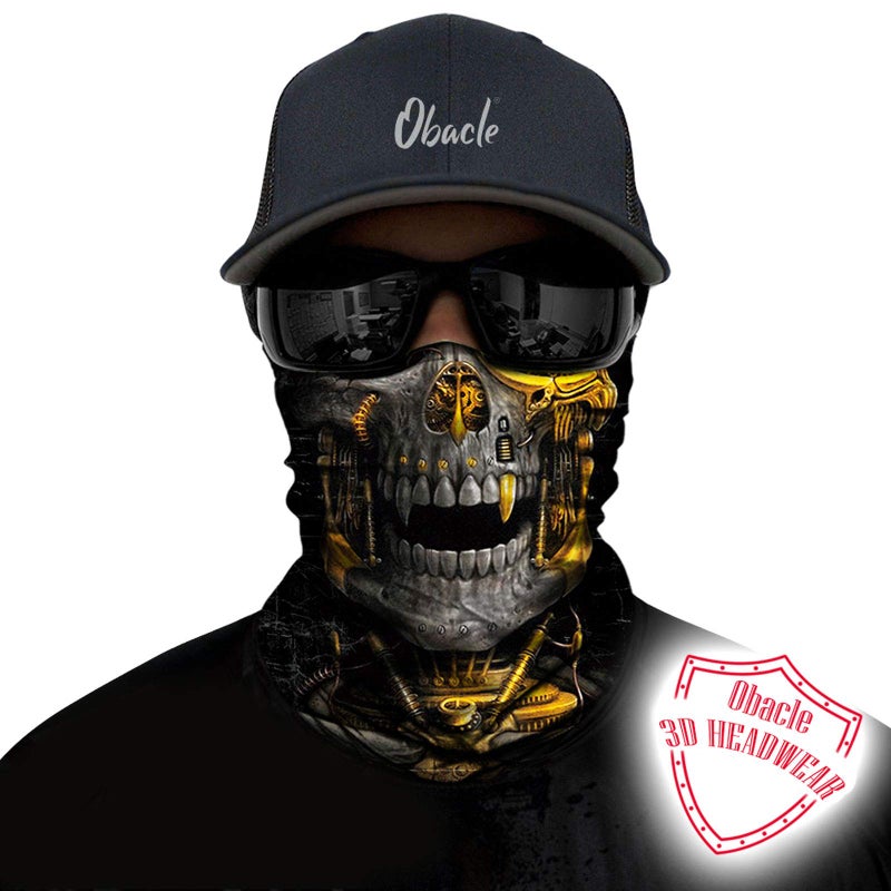 Obacle Skull Face Mask Half Gaiter Mask for Men Dust Wind UV Sun Protection Seamless 3D Tube Mask Bandana for Men Women Skeleton Mask Motorcycle Riding Bike Sports (Mechanical Grey-Gold Skull) - Image 2