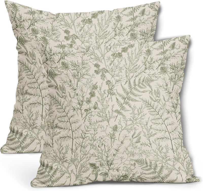 aportt Sage Green Fern Leaves Pillow Covers 18X18 Inch Plant Leaf Floral Pine Decorative Pillow Cases Vintage Botanical Spring Summer Throw Pillows Set of 2 Home Decor for Sofa Couch Porch Outdoor - Image 1