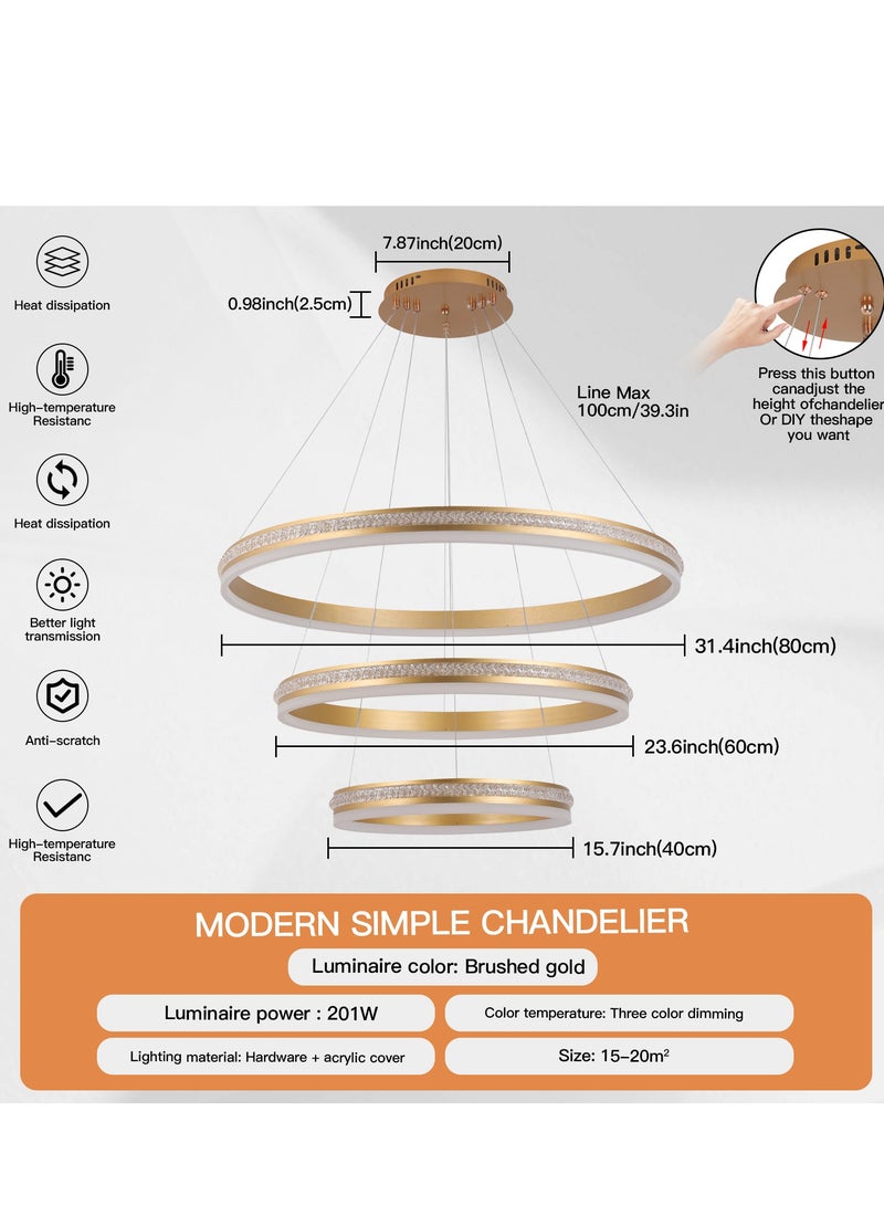 YATAI LIGHTING Circular Chandelier Living Room,Big Dia 80cm Triple-layers LED Gold Acrylic Modern 3 Ring Chandelier Light, Adjustable Color Temperature Chandelier 3 Lamp Ring  - Image 3