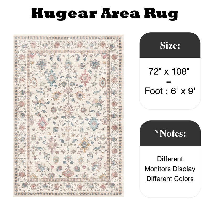 HUGEAR Area Rug 6x9 Vintage Colorful Machine Washable Living Room Rugs Distressed Retro Floral Vacuumable Low Pile Carpet Bedroom Office Dining Farmhouse Playroom Non Slip - Image 2