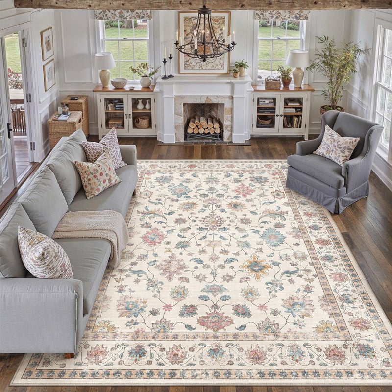 HUGEAR Area Rug 6x9 Vintage Colorful Machine Washable Living Room Rugs Distressed Retro Floral Vacuumable Low Pile Carpet Bedroom Office Dining Farmhouse Playroom Non Slip - Image 1