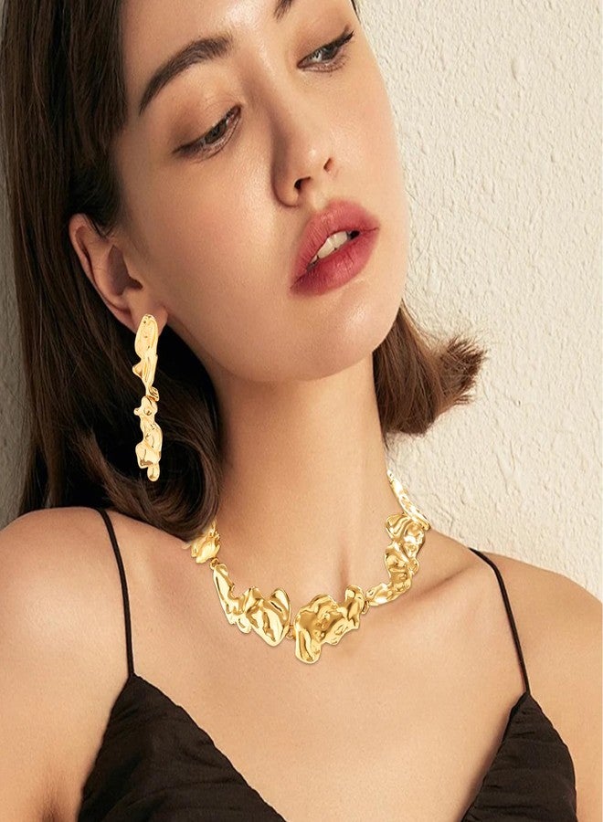 كولودوغو طقم قلادة وأقراط مطلية بالذهب من كولودوغو بتصميم لافا غير منتظم، قلادة ضخمة مميزة، طقم مجوهرات بانك، قلادات بسلسلة مطلية بالذهب للنساء - Image 5