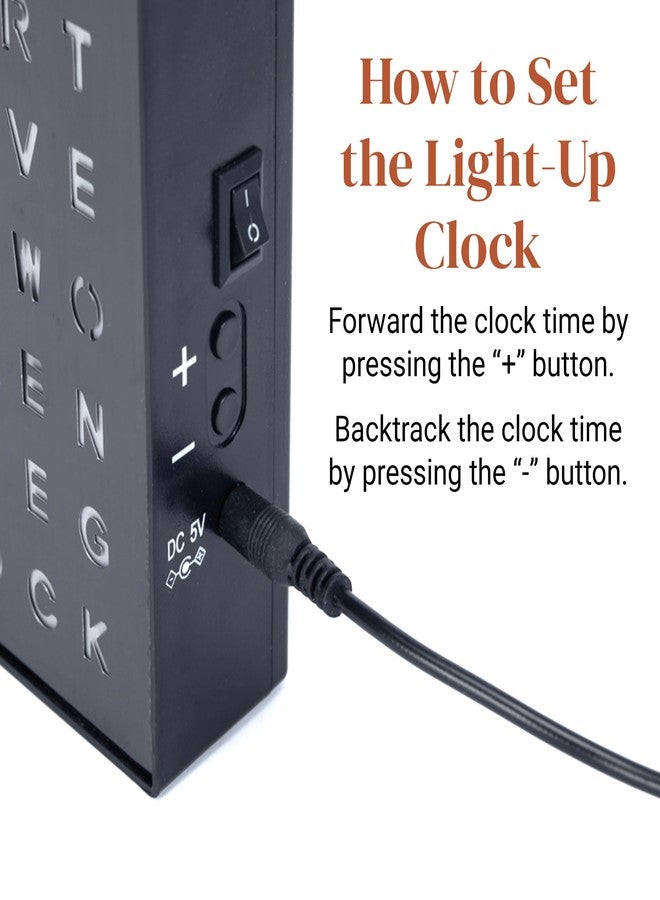 Stiles Word Clock, 8" by 8" Modern LED Desk Clock with USB Cable, Aluminum, Unique with Words, Contemporary, Living Room, Bedroom, Home, or Office Lightup Decor, Gift Item, Black - Image 5