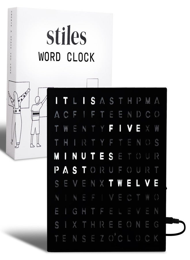 Stiles Word Clock, 8" by 8" Modern LED Desk Clock with USB Cable, Aluminum, Unique with Words, Contemporary, Living Room, Bedroom, Home, or Office Lightup Decor, Gift Item, Black - Image 1