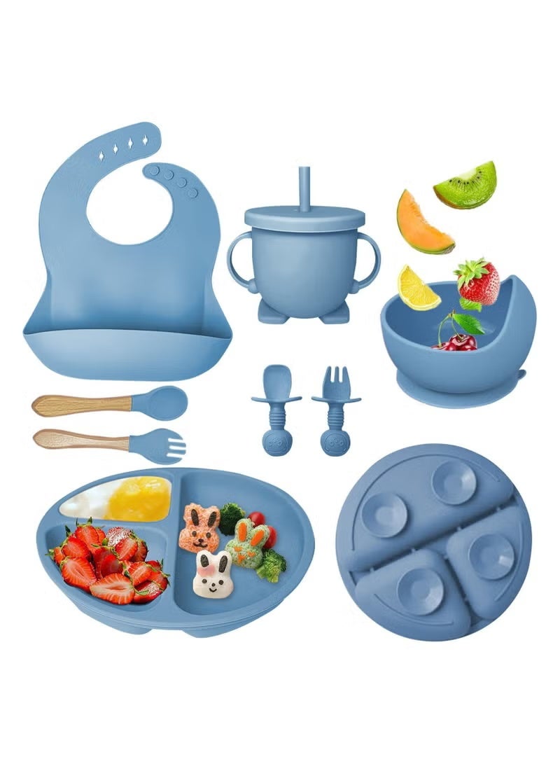 Silicone baby feeding kit, 9-piece set for self-feeding babies, including baby bib, cup, divider plate, bowl, self-feeding spoon, and other tableware. (Blue) - Image 1
