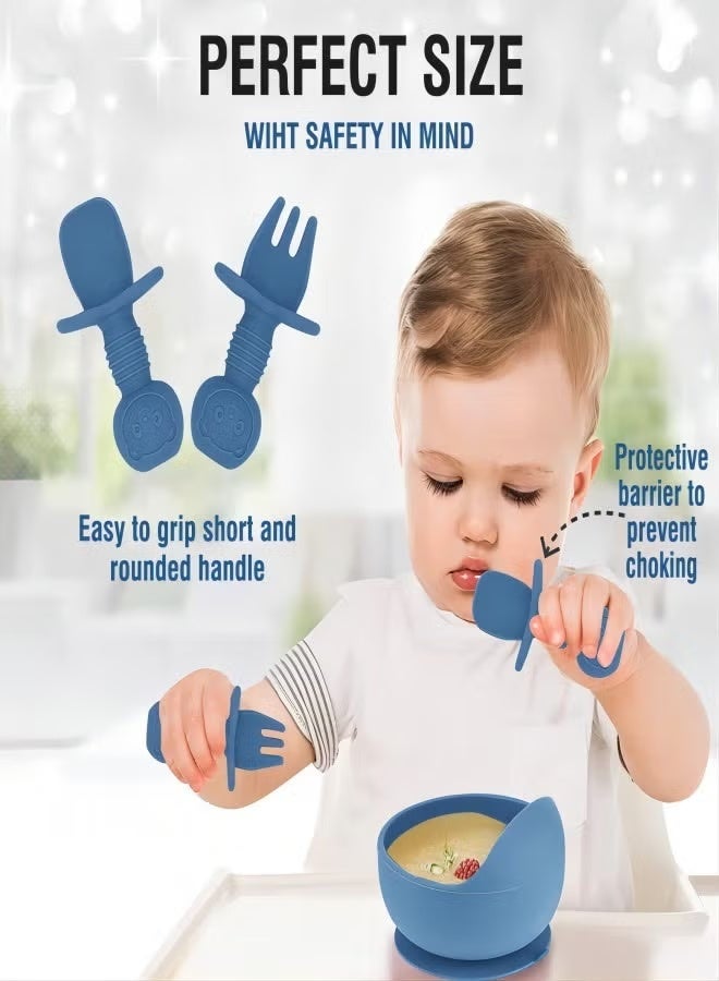 Silicone baby feeding kit, 9-piece set for self-feeding babies, including baby bib, cup, divider plate, bowl, self-feeding spoon, and other tableware. (Blue) - Image 4
