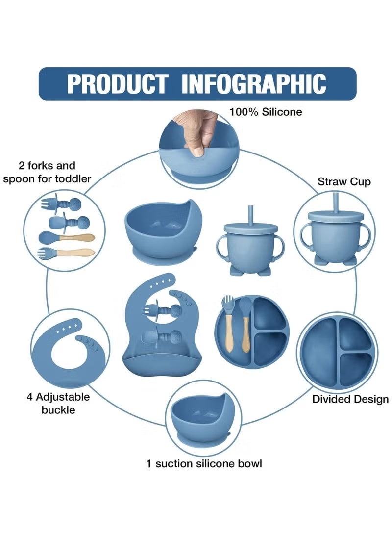 Silicone baby feeding kit, 9-piece set for self-feeding babies, including baby bib, cup, divider plate, bowl, self-feeding spoon, and other tableware. (Blue) - Image 2