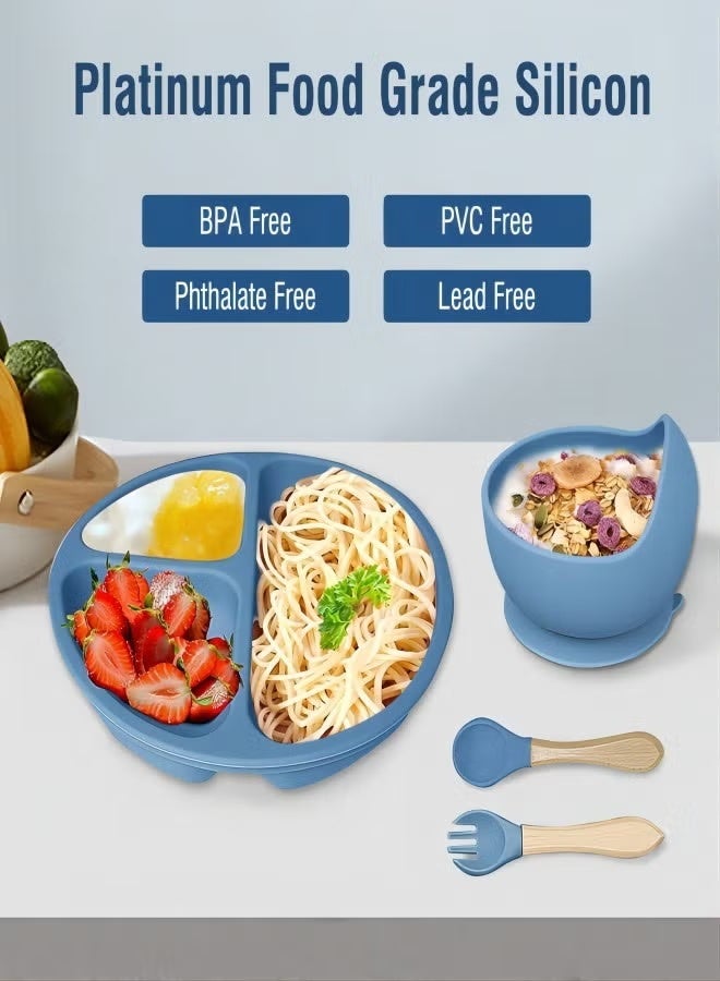 Silicone baby feeding kit, 9-piece set for self-feeding babies, including baby bib, cup, divider plate, bowl, self-feeding spoon, and other tableware. (Blue) - Image 3