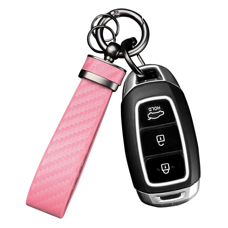 Turcee Carbon Fiber Car Keychain,Automotive Interior Accessories Keychains Leather Car Key Fob,Car Accessories Key Ring&Anti-Lost D-Ring(light pink) - Image 1