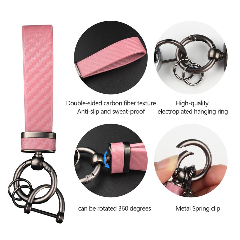 Turcee Carbon Fiber Car Keychain,Automotive Interior Accessories Keychains Leather Car Key Fob,Car Accessories Key Ring&Anti-Lost D-Ring(light pink) - Image 4