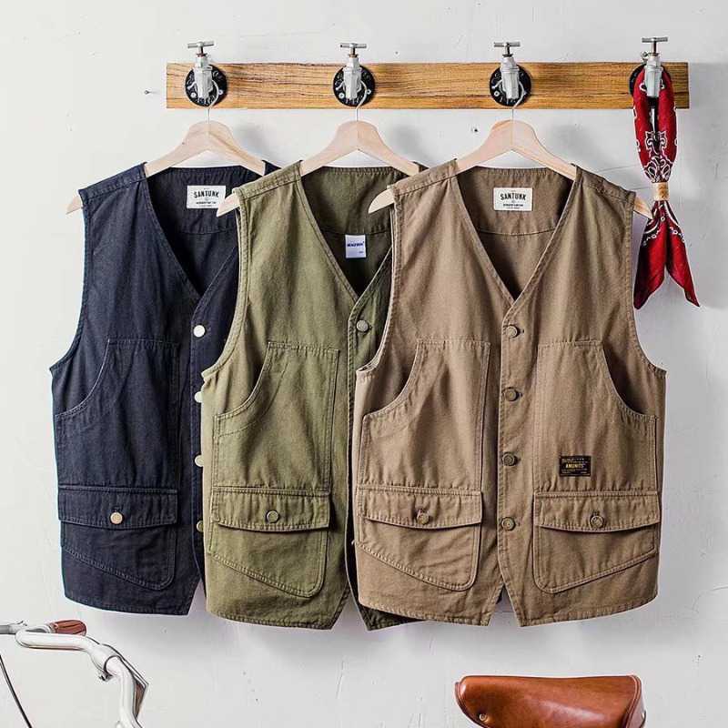 Overalls Vest Jacket Summer Trendy Brand Sleeveless Vest Ins Multi-Pocket Thin Waistcoat Tactical Vest Jacket for Men Green - Image 5