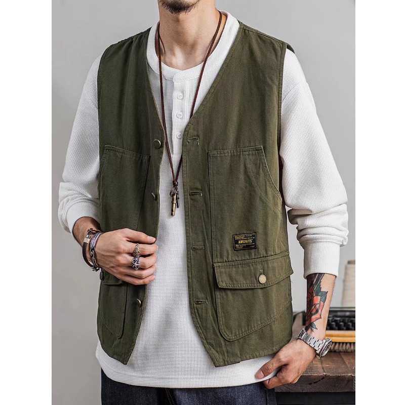 Overalls Vest Jacket Summer Trendy Brand Sleeveless Vest Ins Multi-Pocket Thin Waistcoat Tactical Vest Jacket for Men Green - Image 1