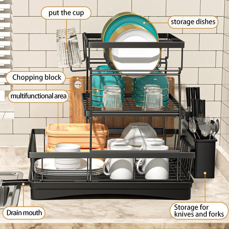 Dratal Dish Drying Rack with Drainboard 3 Tier Shelves for Kitchen Counter Dish Drainer Set with Utensil Holder Large Capacity Dish Strainers - Image 4