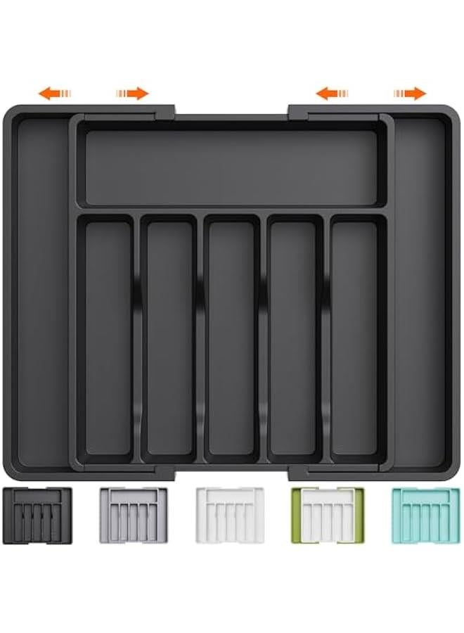 Silverware Drawer Organizer, Expandable Utensil Tray for Kitchen, BPA Free Flatware and Cutlery Holder, Adjustable Plastic Storage for Spoons Forks Knives, Large, Black - Image 1
