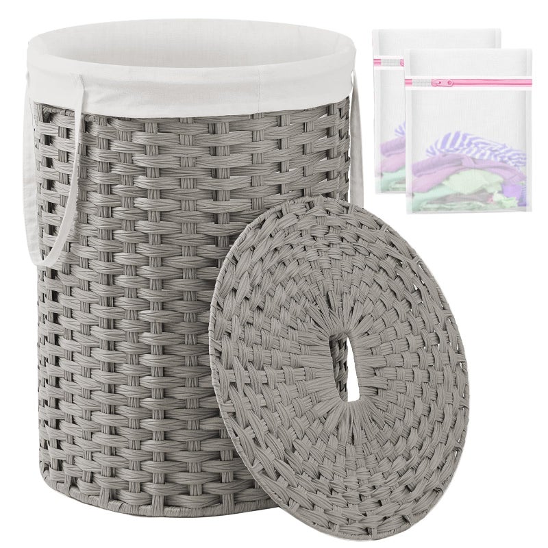 SETVSON Laundry Basket with Lid Round Rattan Laundry Hamper with Lid and Handles 29.1 Gal (110 L) Handwoven Woven Basket with Removable Bags and 2 Mesh Bags for Bathroom Living Room Gray - Image 1