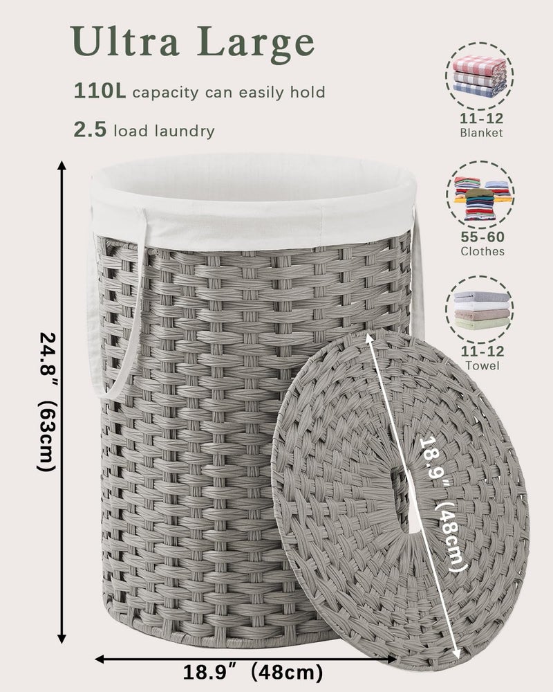 SETVSON Laundry Basket with Lid Round Rattan Laundry Hamper with Lid and Handles 29.1 Gal (110 L) Handwoven Woven Basket with Removable Bags and 2 Mesh Bags for Bathroom Living Room Gray - Image 4