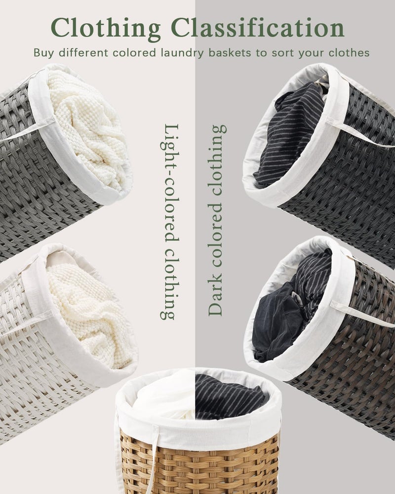 SETVSON Laundry Basket with Lid Round Rattan Laundry Hamper with Lid and Handles 29.1 Gal (110 L) Handwoven Woven Basket with Removable Bags and 2 Mesh Bags for Bathroom Living Room Gray - Image 3