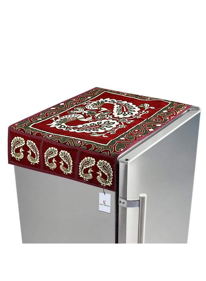 Kuber Industries Fridge Top Cover|Traditional Peacock Design & Cotton Material|6 Utility Side Pockets With Plain Border|Size 94 x 54 CM, Pack of 1 (Red) - Image 1