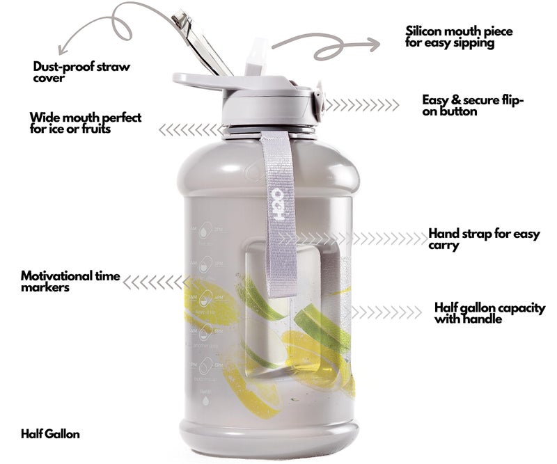 H2O Capsule INSPO Half Gallon Water Bottle with Time Marker and Straw Motivational Hydration Tracker Jug Big BPA-Free Food-Safe Leakproof Drinking Bottle Handle & Strap, Ash Gray - Image 2