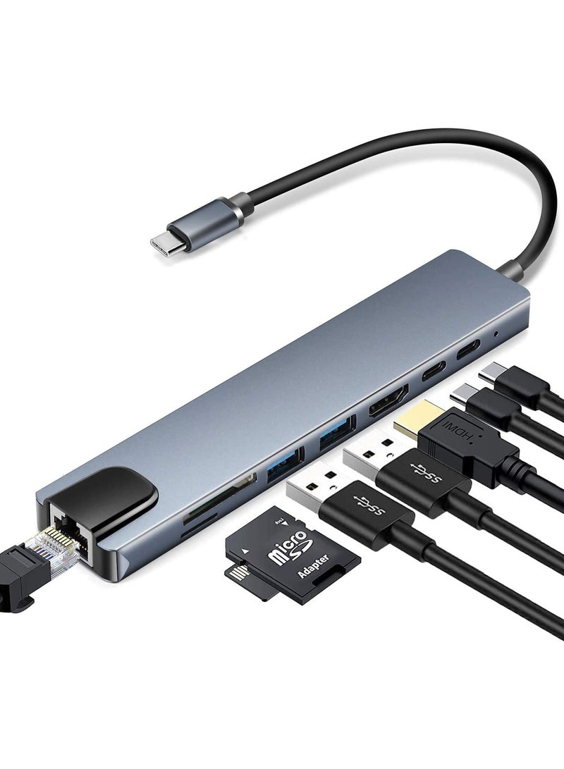 Hedge USB C Hub 8-in-1 Multiport Adapter with 4K HDMI RJ45 Ethernet USB 3.0, USB-C PD Charging SD/TF Card Reader – Type-C to HDMI Converter for MacBook Laptop Tablet & Smartphones - Image 1