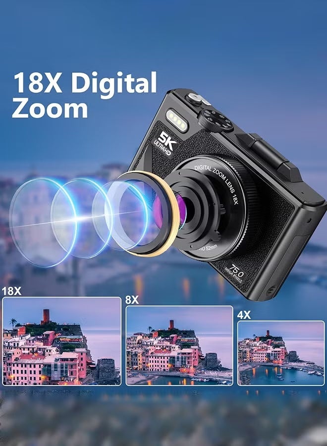 ZONBON Digital Camera, 5K Cameras Digital with 64GB SD Card, 75MP Digital Camera for Photography and Video, 18X Digital Zoom Digital Camera with 3'' Flip Screen, 5K Vlogging Camera, Compact Anti Shake Vlogging Camera for Gift - Image 3
