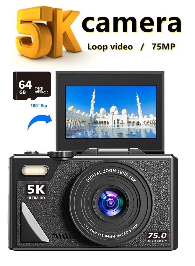 ZONBON Digital Camera, 5K Cameras Digital with 64GB SD Card, 75MP Digital Camera for Photography and Video, 18X Digital Zoom Digital Camera with 3'' Flip Screen, 5K Vlogging Camera, Compact Anti Shake Vlogging Camera for Gift - Image 1