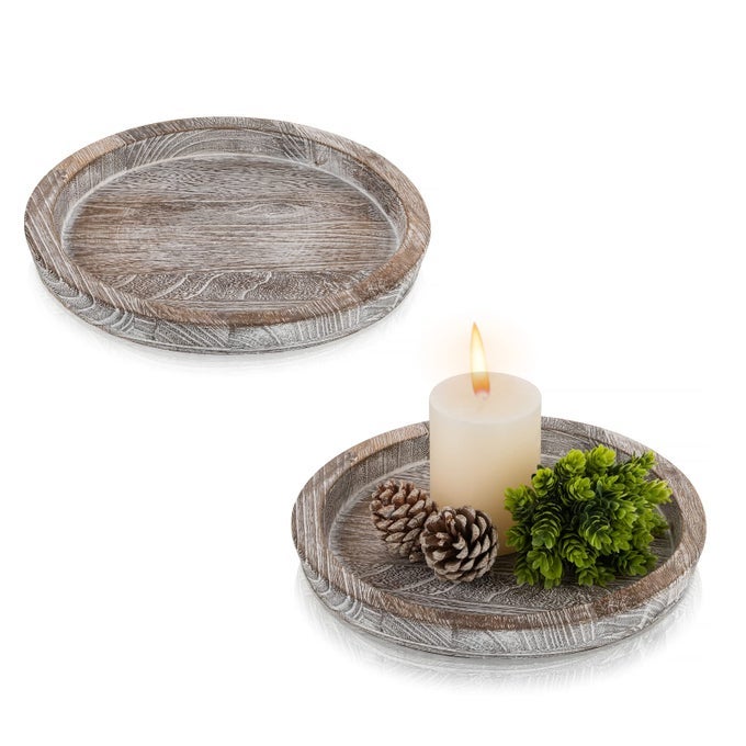 RUSTIC WOODEN SERVING TRAY SET OF 2 ROUND WOOD BUTLER DECORATIVE TRAY WHITEWASH CENTERPIECE CANDLE HOLDER TRAYS FARMHOUSE OTTOMAN TRAY FOR DECOR KITCHEN COUNTER HOME DECOR FOR COFFEE TABLE
