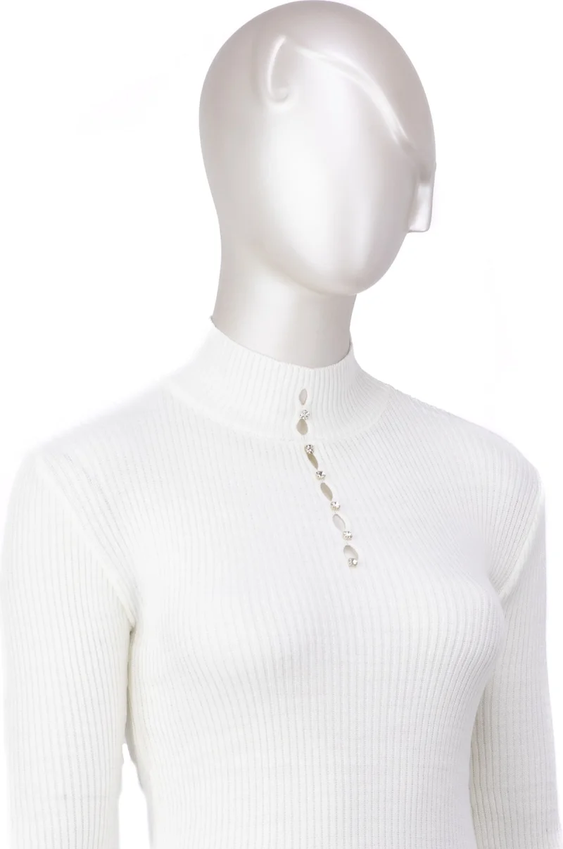 اوبلاند Women's Winter Stylish Stoned Half Collar Long Sleeve Fitted Lycra Knitted Knitwear Badi Sweater on the Chest