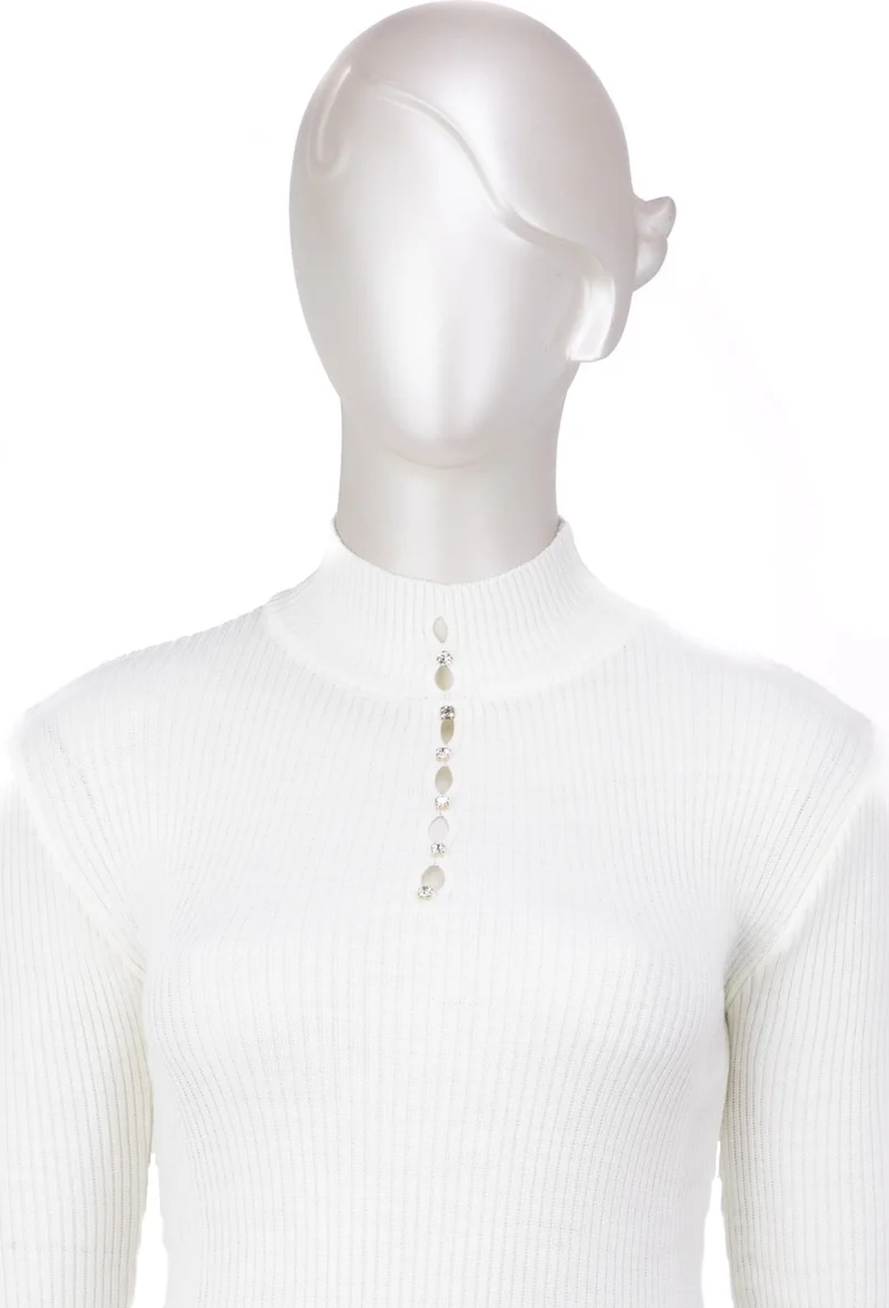 اوبلاند Women's Winter Stylish Stoned Half Collar Long Sleeve Fitted Lycra Knitted Knitwear Badi Sweater on the Chest