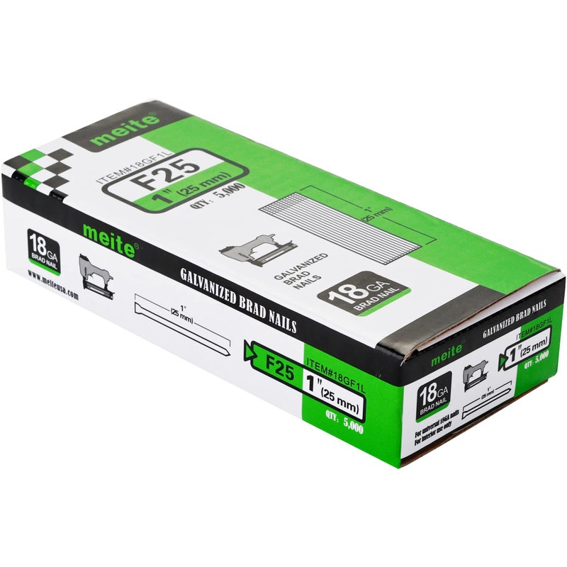 meite F25 18 Gauge 1-Inch Galvanized Brad Nail Ideal for Upholstery, Trims, Molding, Woodworking 5,000 PCS/Box (1 Box) - Image 1