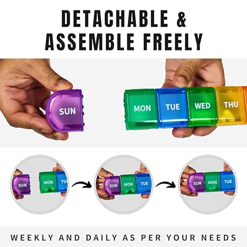 POPCUBE Multicolor 7-Day Pill Organizer - 7 Compartment Portable Daily Pill Case with Large Compartments, Travel Pill Container for Supplements - Image 2