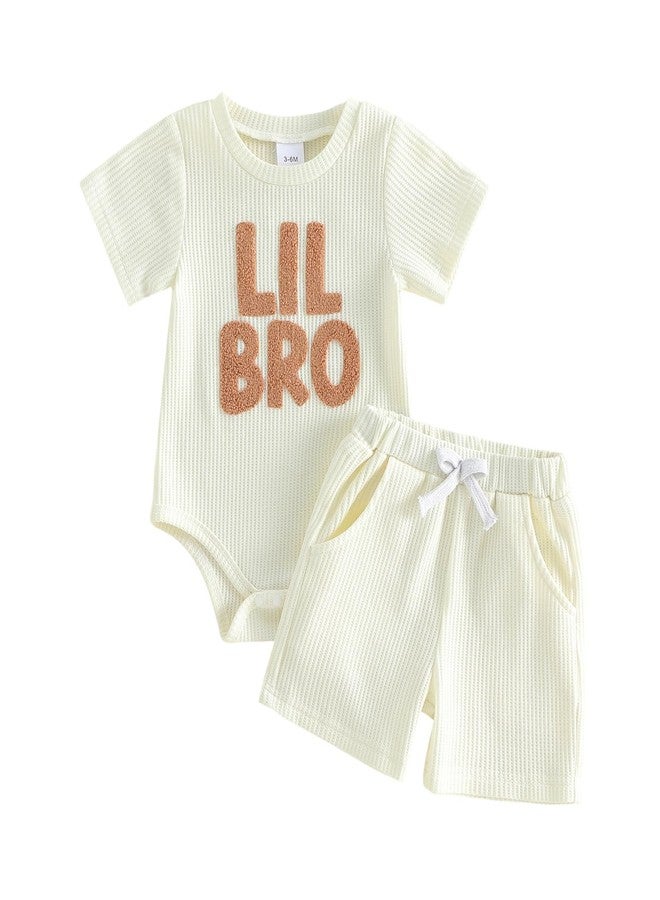 MERSARIPHY Baby Boy Clothes Little Brother Newborn Outfit Summer Letter Embroidery Waffle Knit Short Sleeve Romper Shorts Set (Beige, 0-3 Months) - Image 1