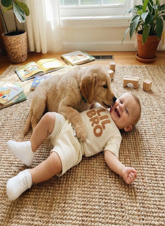 MERSARIPHY Baby Boy Clothes Little Brother Newborn Outfit Summer Letter Embroidery Waffle Knit Short Sleeve Romper Shorts Set (Beige, 0-3 Months) - Image 4