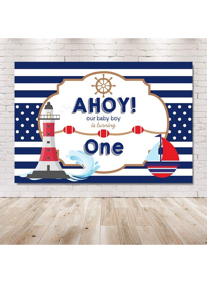 MEHOFOND - Ahoy Nautical Boy 1St Birthday Backdrop Props Blue Stripes Boat Little Baby Boy Happy One Birthday Photography Background Photo Banner For Cake Table Supplies 7X5Ft - Image 1