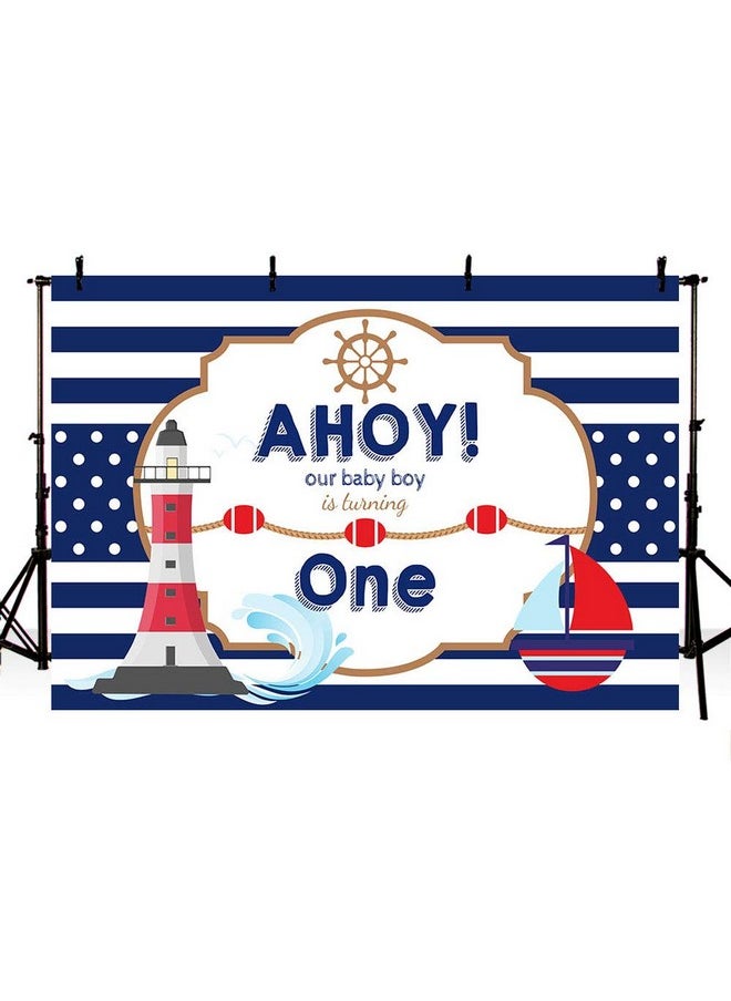 MEHOFOND Ahoy Nautical Boy 1St Birthday Backdrop Props Blue Stripes Boat Little Baby Boy Happy One Birthday Photography Background Photo Banner For Cake Table Supplies 7X5Ft  - Image 2