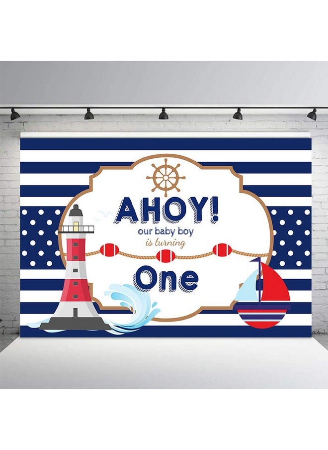 MEHOFOND Ahoy Nautical Boy 1St Birthday Backdrop Props Blue Stripes Boat Little Baby Boy Happy One Birthday Photography Background Photo Banner For Cake Table Supplies 7X5Ft  - Image 3