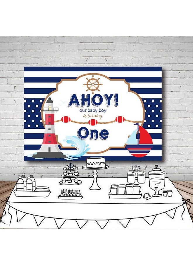MEHOFOND Ahoy Nautical Boy 1St Birthday Backdrop Props Blue Stripes Boat Little Baby Boy Happy One Birthday Photography Background Photo Banner For Cake Table Supplies 7X5Ft  - Image 5